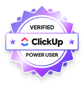 ClickUp 'Verified Power User' badge featuring purple starburst with the word VERIFIED and ClickUp logo across a white ribbon.